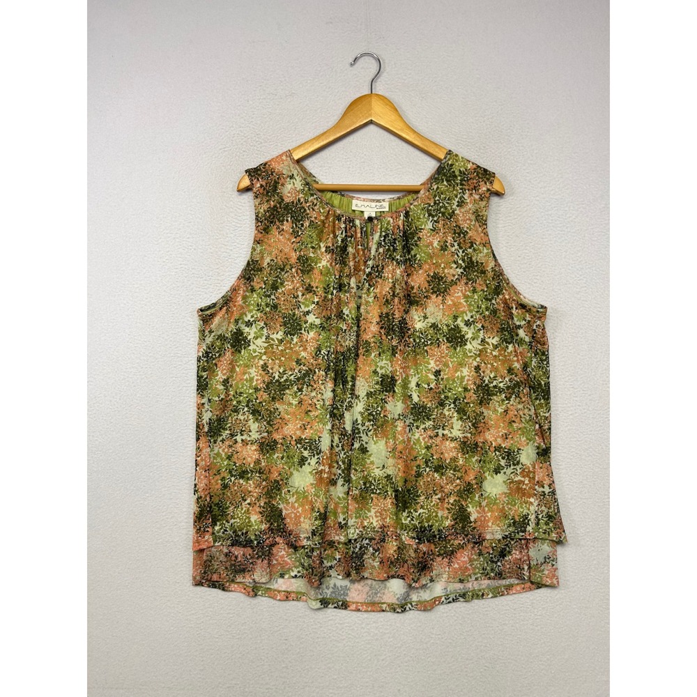 Boho Cottagecore Emaline Woman Plus 1X Green Floral Mesh Sleeveless Blouse